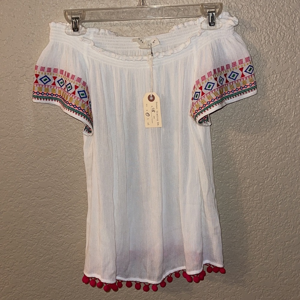 Love Stitch Embroidered Shirt Off The Shoulder